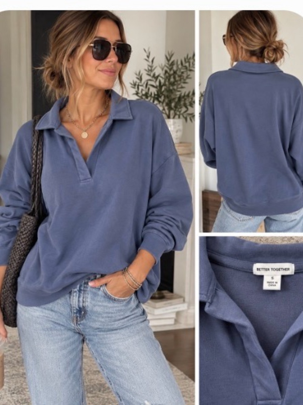Together Women's Dusty Blue Collared V-Neck Pullover Sweater